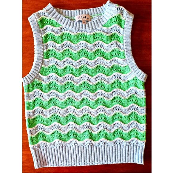 NWOT, AND ISLA, &ISLA Green & White stripe Chloe Wave Knit Vest, Size SP, - Picture 1 of 8
